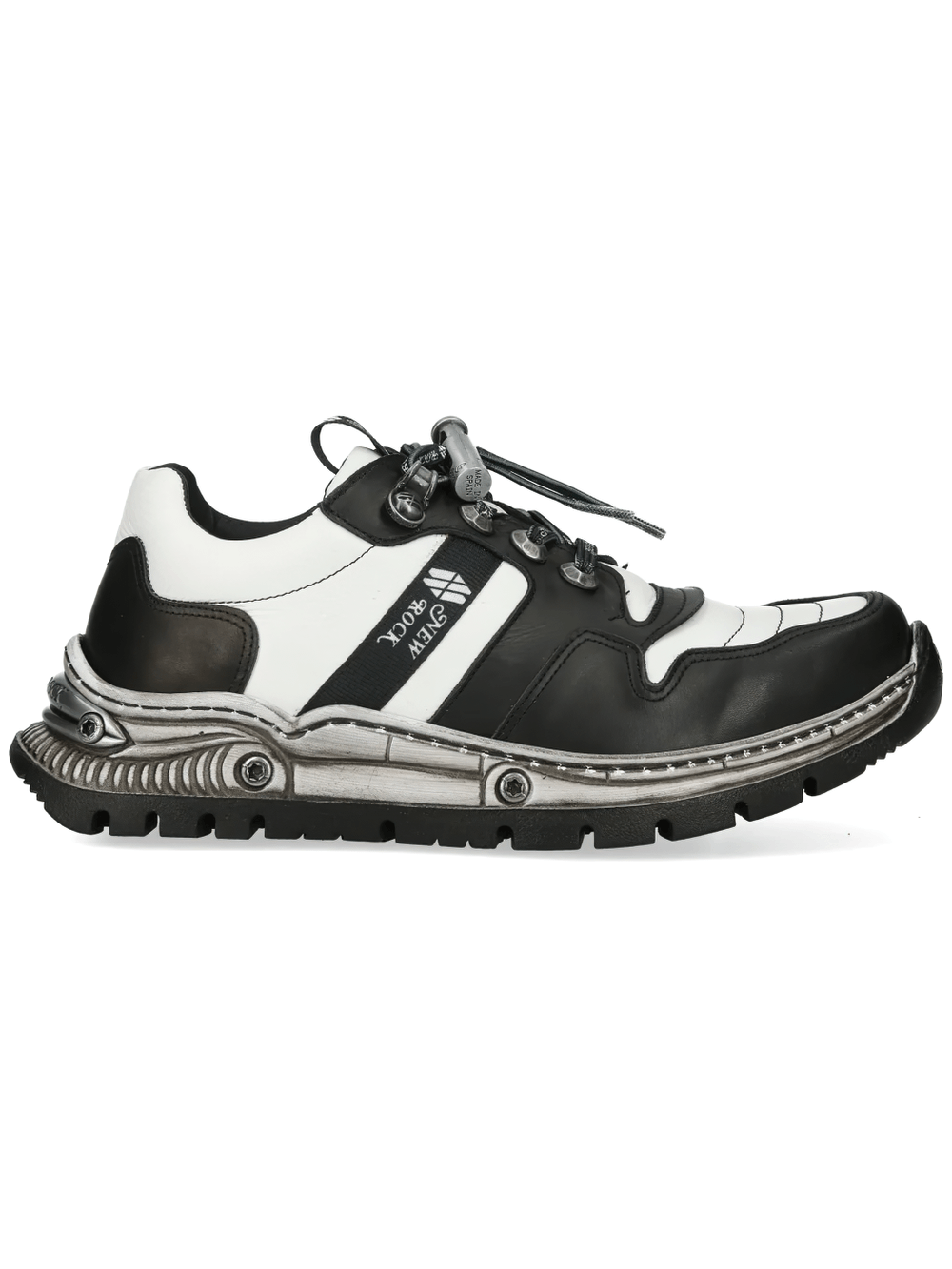 NEW ROCK Men's Black and White Punk Chunky Tread Trainers side view showcasing industrial style and metal treads.
