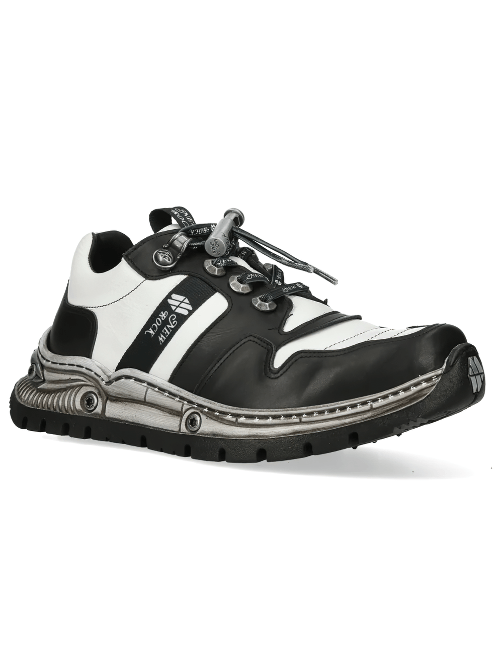 NEW ROCK Men's Black and White Punk Chunky Tread Trainers with stylish contrast panels and sculpted sole.