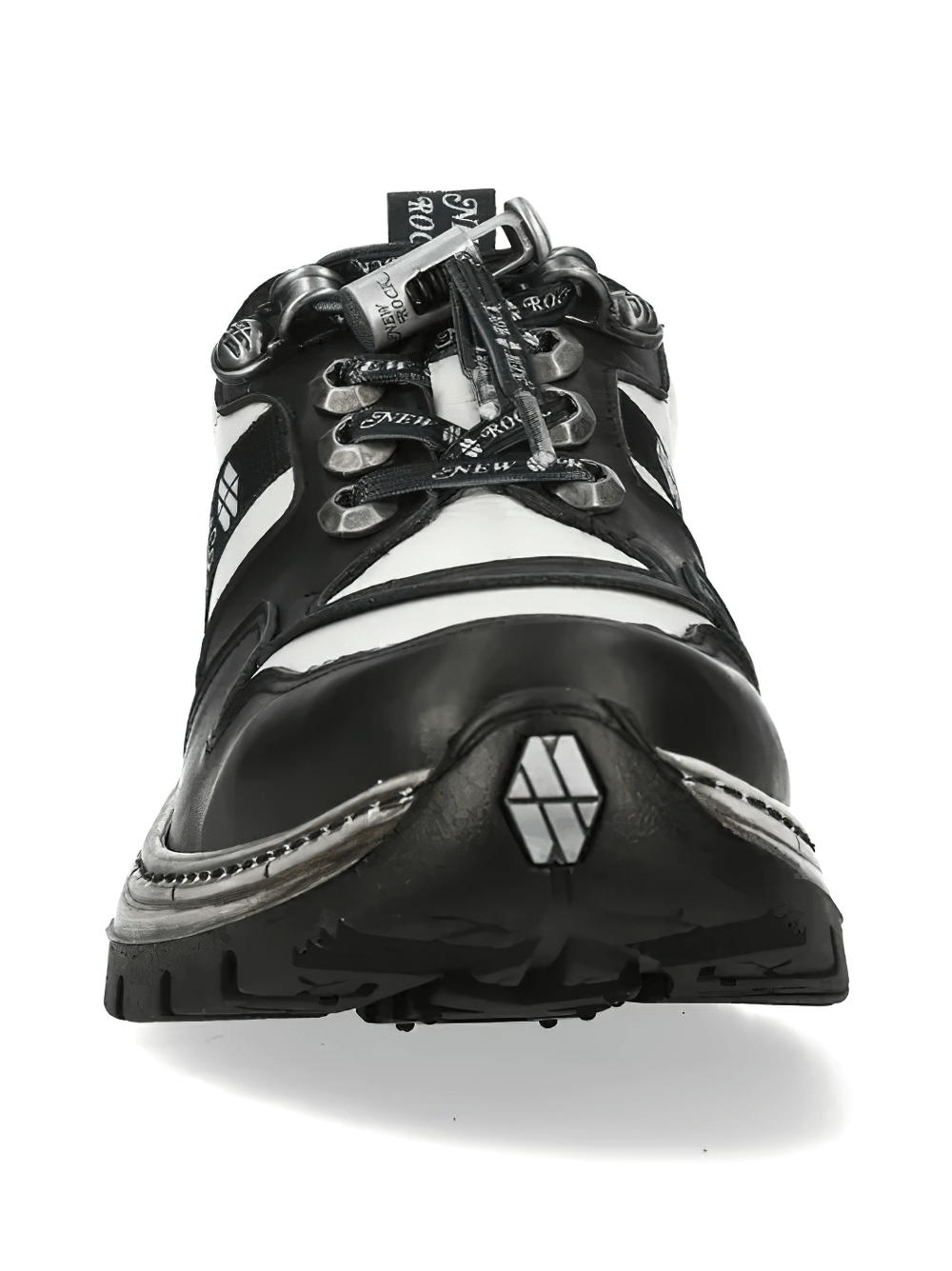 NEW ROCK Men's Black and White Punk Chunky Tread Trainers front view with graphic laces and metal eyelets.