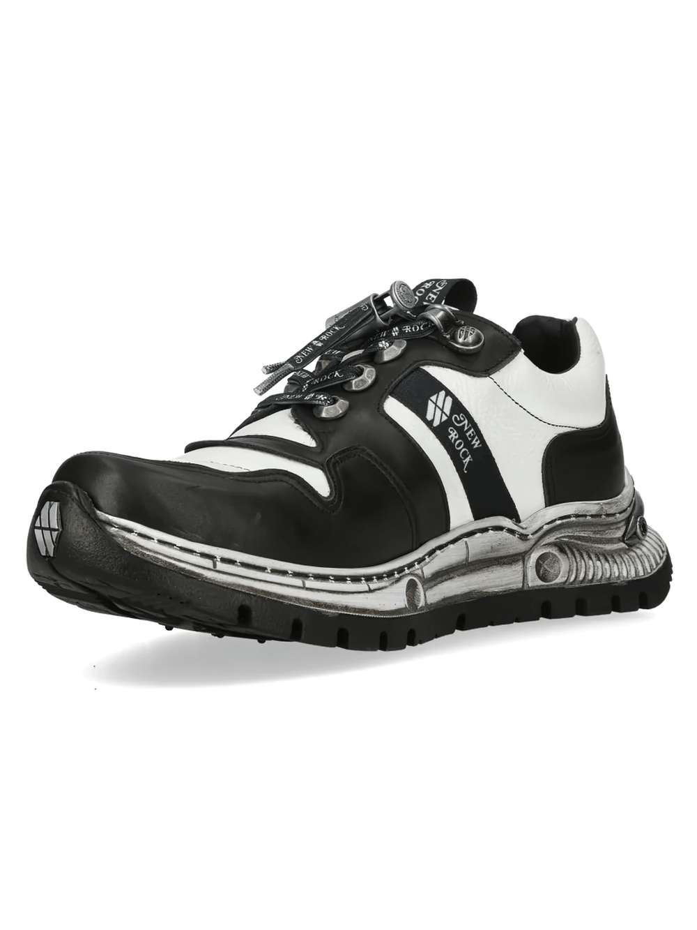 NEW ROCK Men's Black and White Punk Chunky Tread Trainers with industrial metal treads and graphic laces.