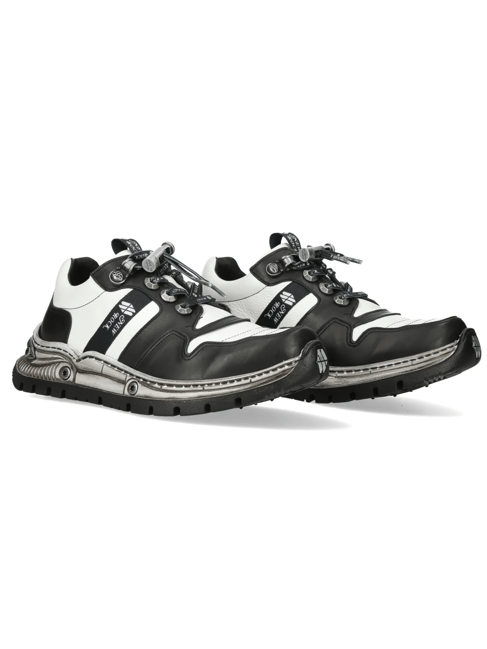 NEW ROCK Men's Black and White Punk Chunky Tread Trainers with graphic laces and industrial metal treads.
