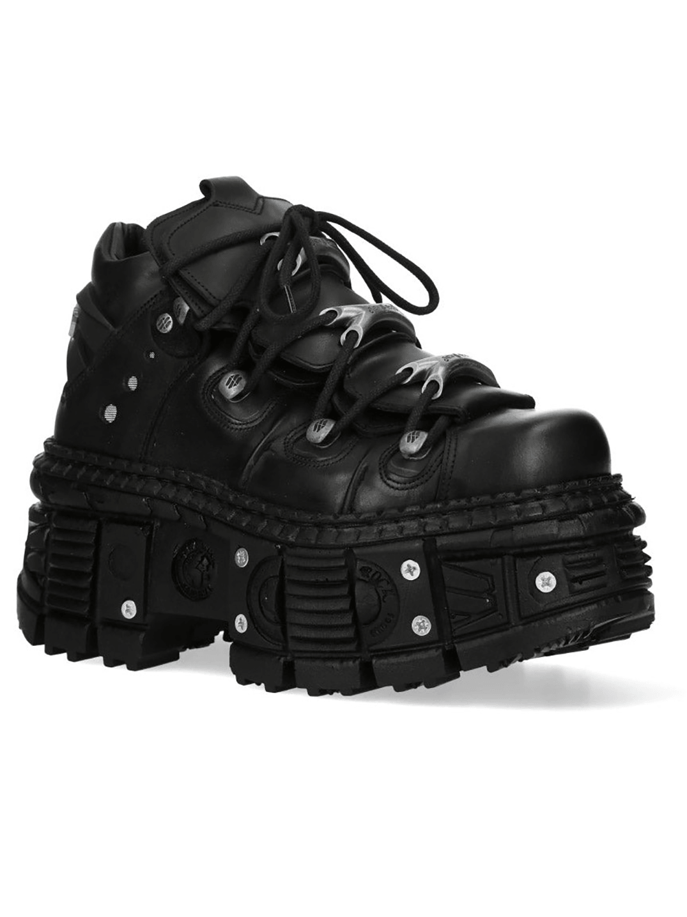 NEW ROCK Men's Black Armored Platform Boots with Hardware showcasing heavy rock style and towering sole.