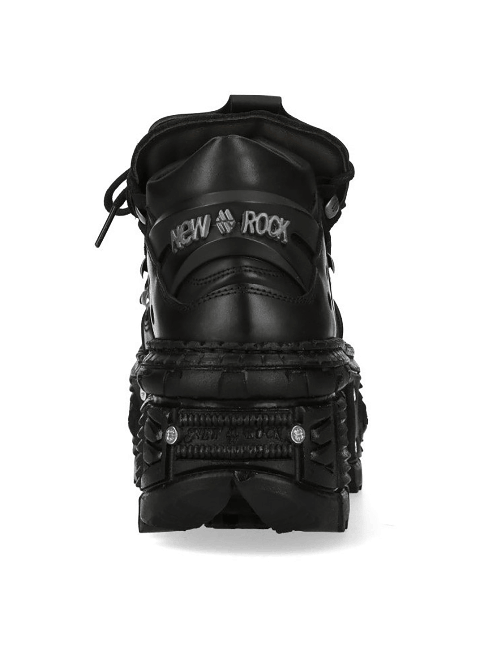 NEW ROCK Men's Black Armored Platform Boots with Hardware view from the back showcasing silver-tone lace hardware.