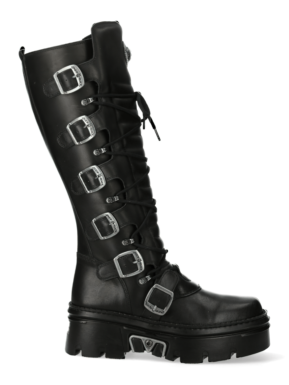 Stylish black punk rock boots with buckles and lace-up detail, perfect for making a bold fashion statement.