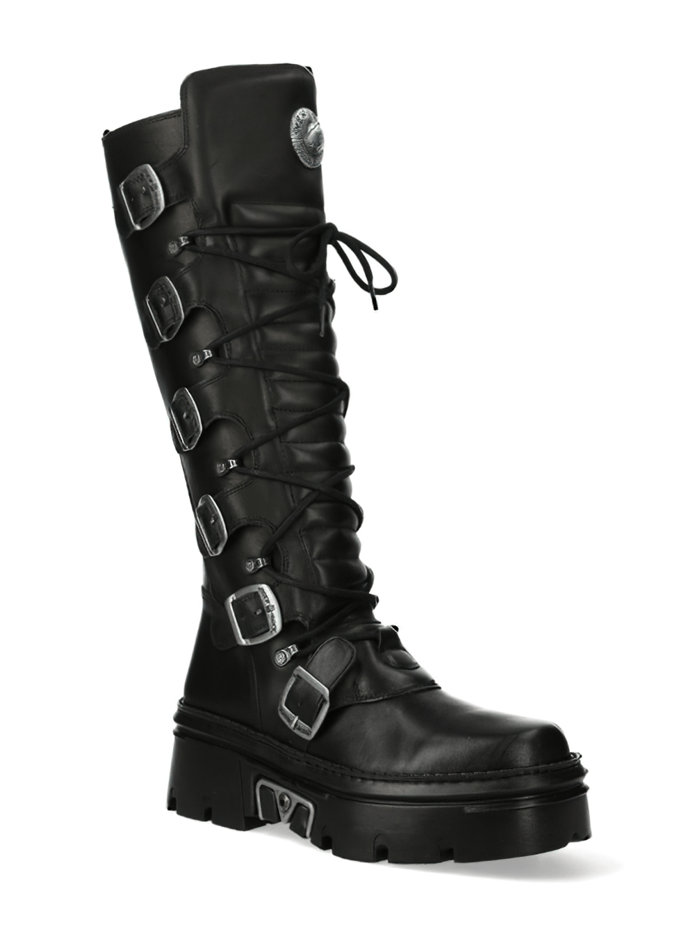 Stylish punk rock black lace-up high boots with buckles and a chunky sole for a bold look. Perfect for making a statement!