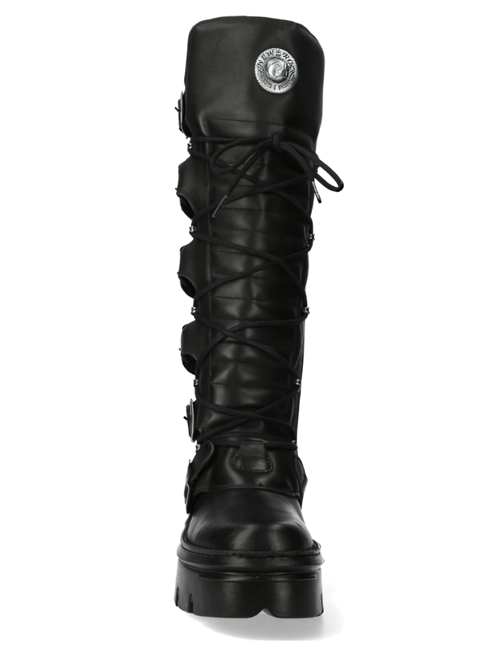 Men's black buckled lace-up high boots featuring punk rock style and leather design, perfect for bold fashion statements.