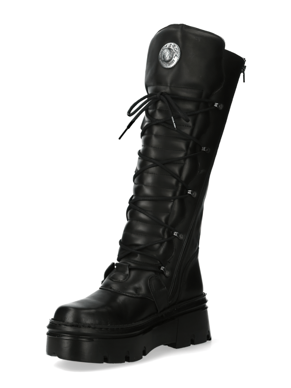 Stylish black buckled lace-up high boots with zipper and lace detailing, perfect for a punk rock look.