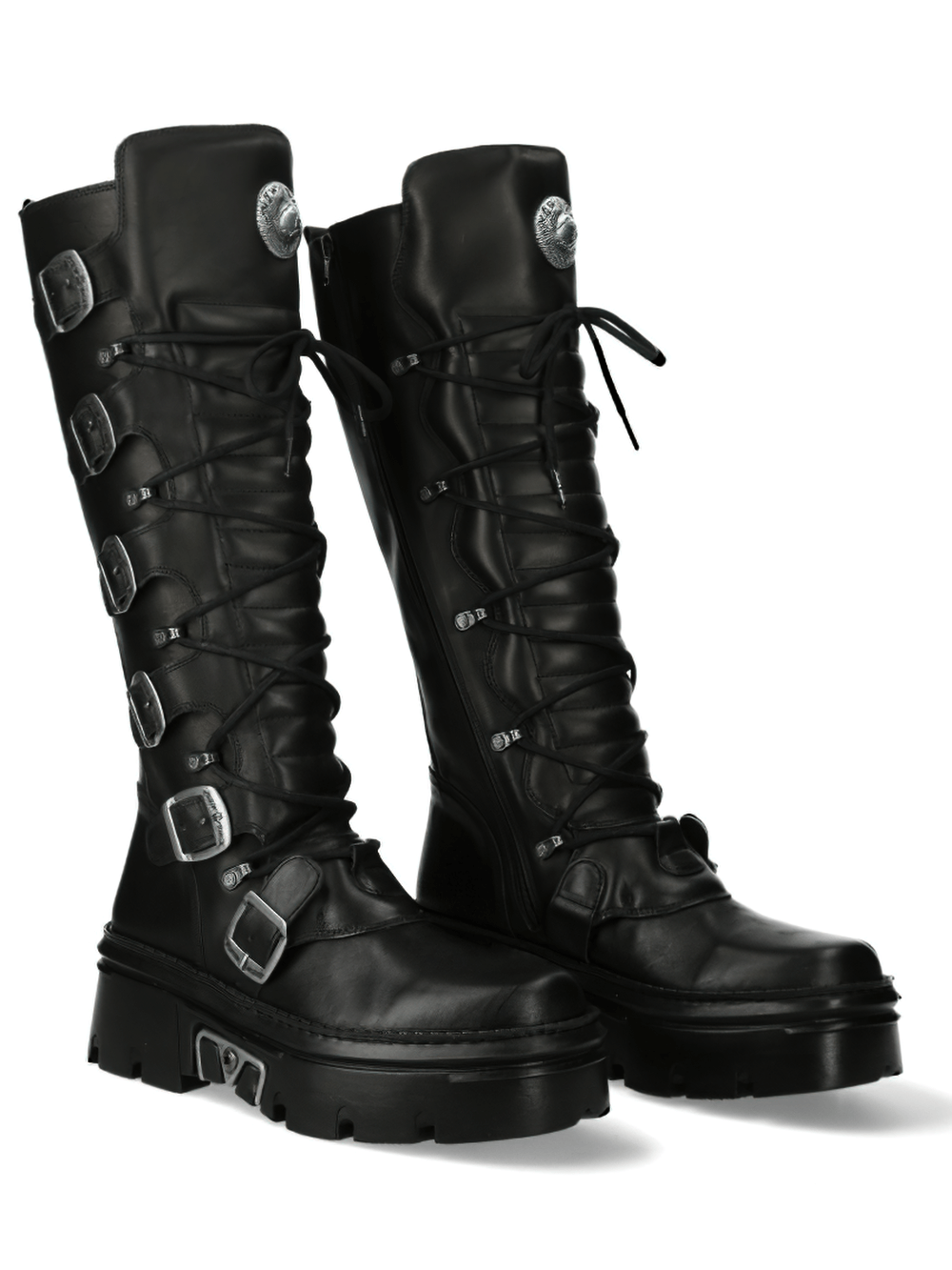 NEW ROCK Men's Black Buckled Lace-Up High Boots with a stylish punk look and durable leather construction.