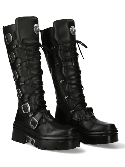NEW ROCK Men's Black Buckled Lace-Up High Boots