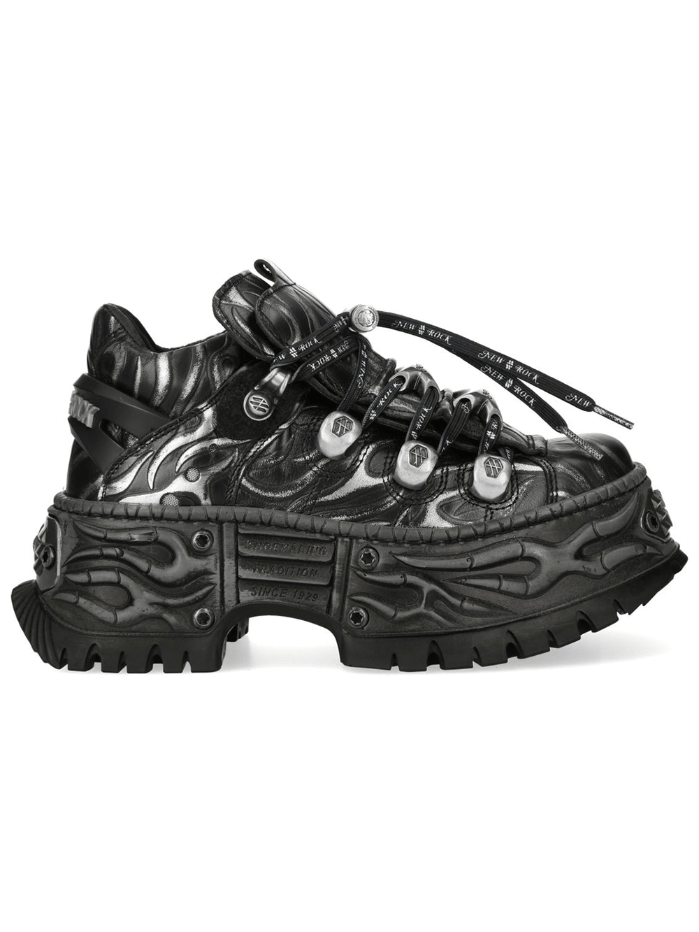 NEW ROCK Men's Black Fire Platform Rock Sneakers with bold flame design and industrial silhouette.