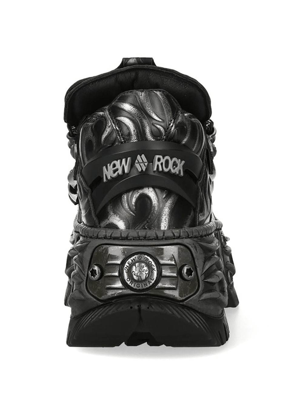 NEW ROCK Men's Black Fire Platform Rock Sneakers featuring bold flame design and sculpted sole.