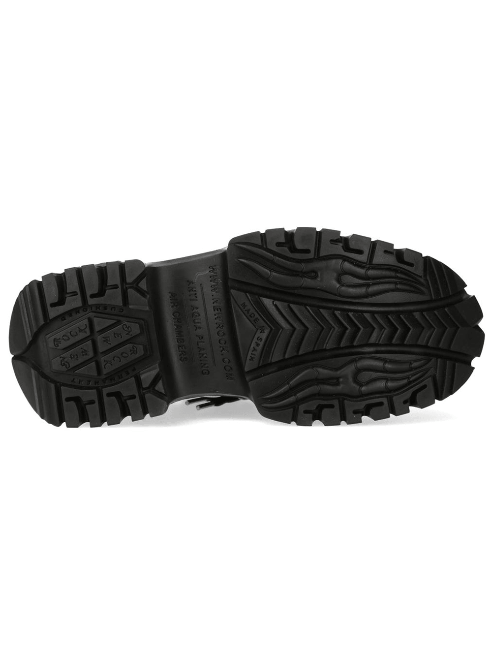 Sole of NEW ROCK Men's Black Fire Platform Rock Sneakers showcasing its bold design and tread pattern.