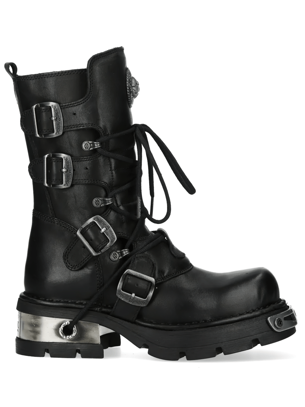 NEW ROCK Men's Black Gothic Punk Boots with Side Buckles, featuring metal details and side buckles for an edgy style.
