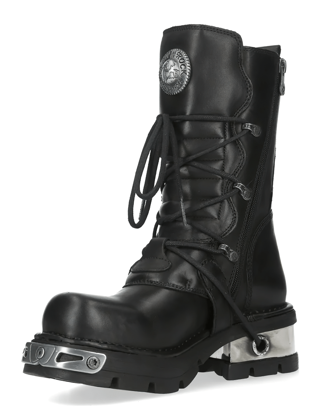 NEW ROCK Men's Black Gothic Punk Boots with Side Buckles featuring cross front lacing and silver-tone emblems.