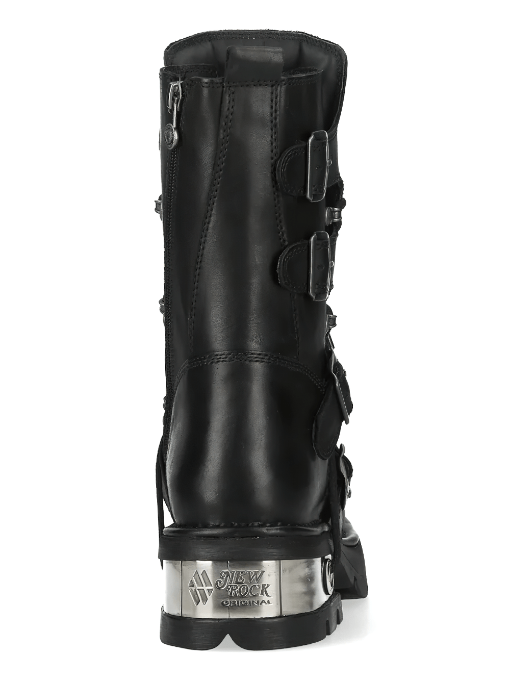 NEW ROCK Men's Black Gothic Punk Boots with Side Buckles, showing back view with side zip and metal trim.