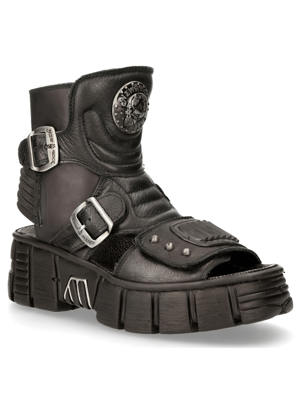 Edgy black gothic punk buckle sandals featuring a unique design and durable sole for bold fashion statements.