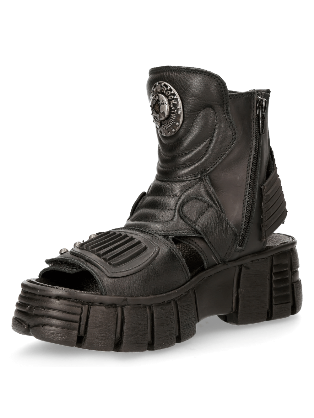 Black gothic punk buckle sandals with stylish zipper and buckle details, featuring a bold chunky sole for rock-inspired fashion.