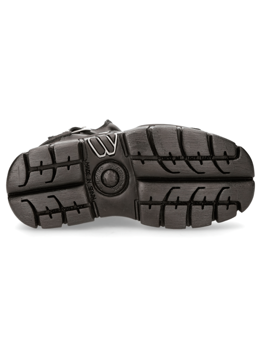 Underside view of NEW ROCK Men's Black Gothic Punk Buckle Sandals, showcasing durable PU-Ultra sole and tread design.