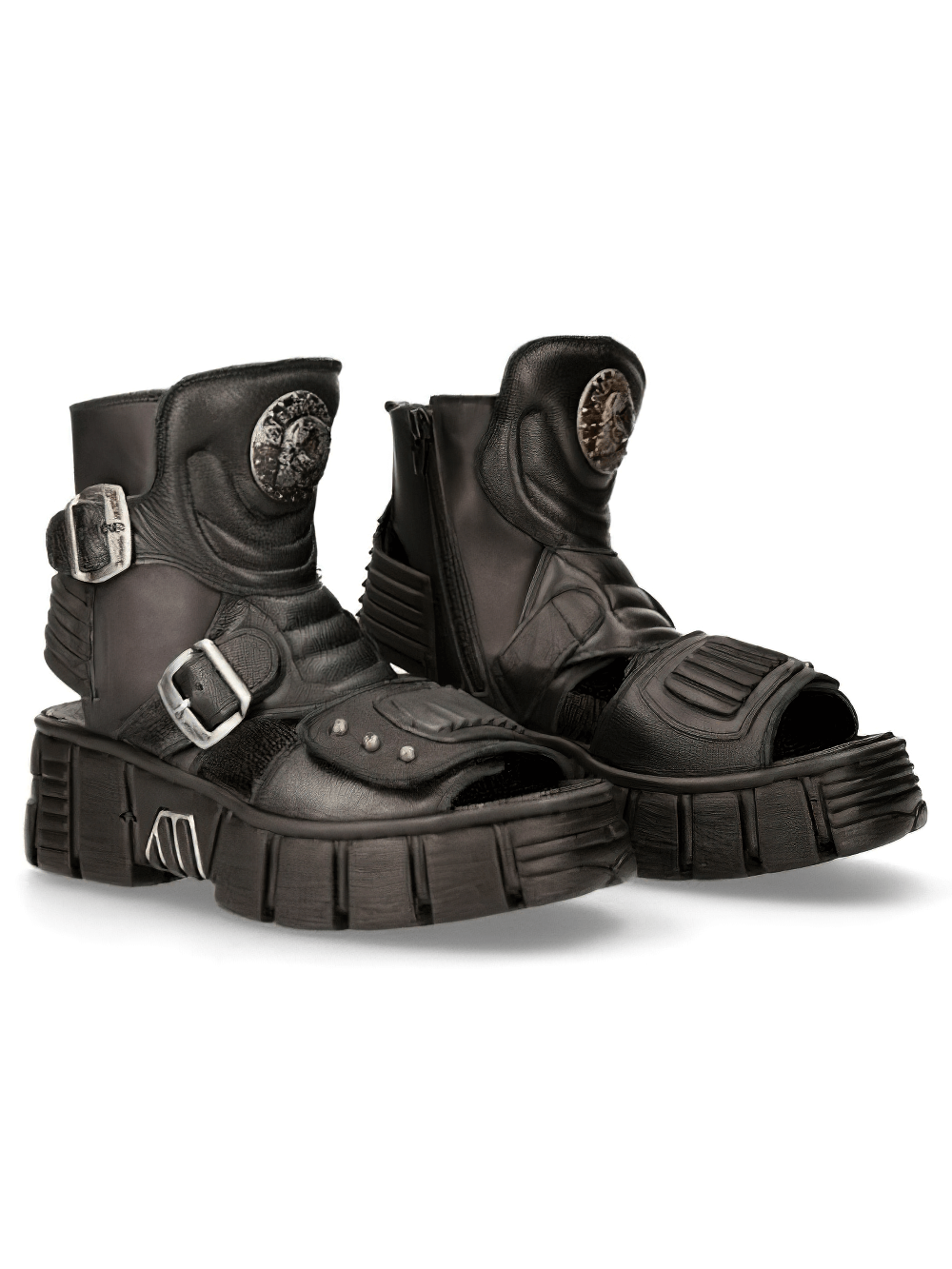 Stylish black gothic punk buckle sandals featuring unique design and durable PU-Ultra sole. Perfect for a rock-inspired wardrobe.