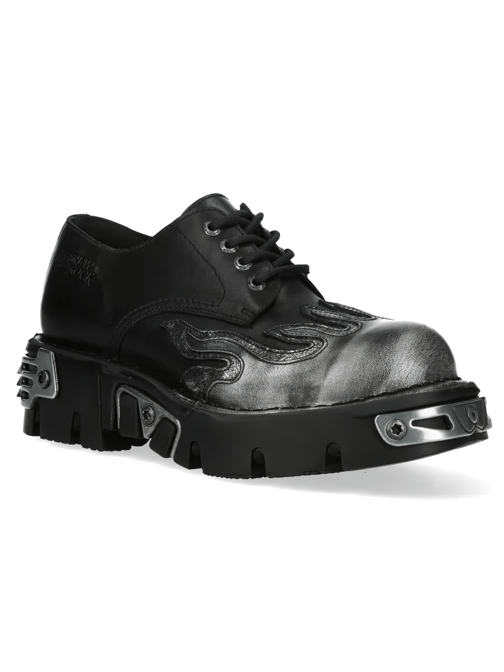 NEW ROCK Men's Black Gothic Punk Shoes with Flame Lug Sole showcasing flame panels and rugged lug sole design.