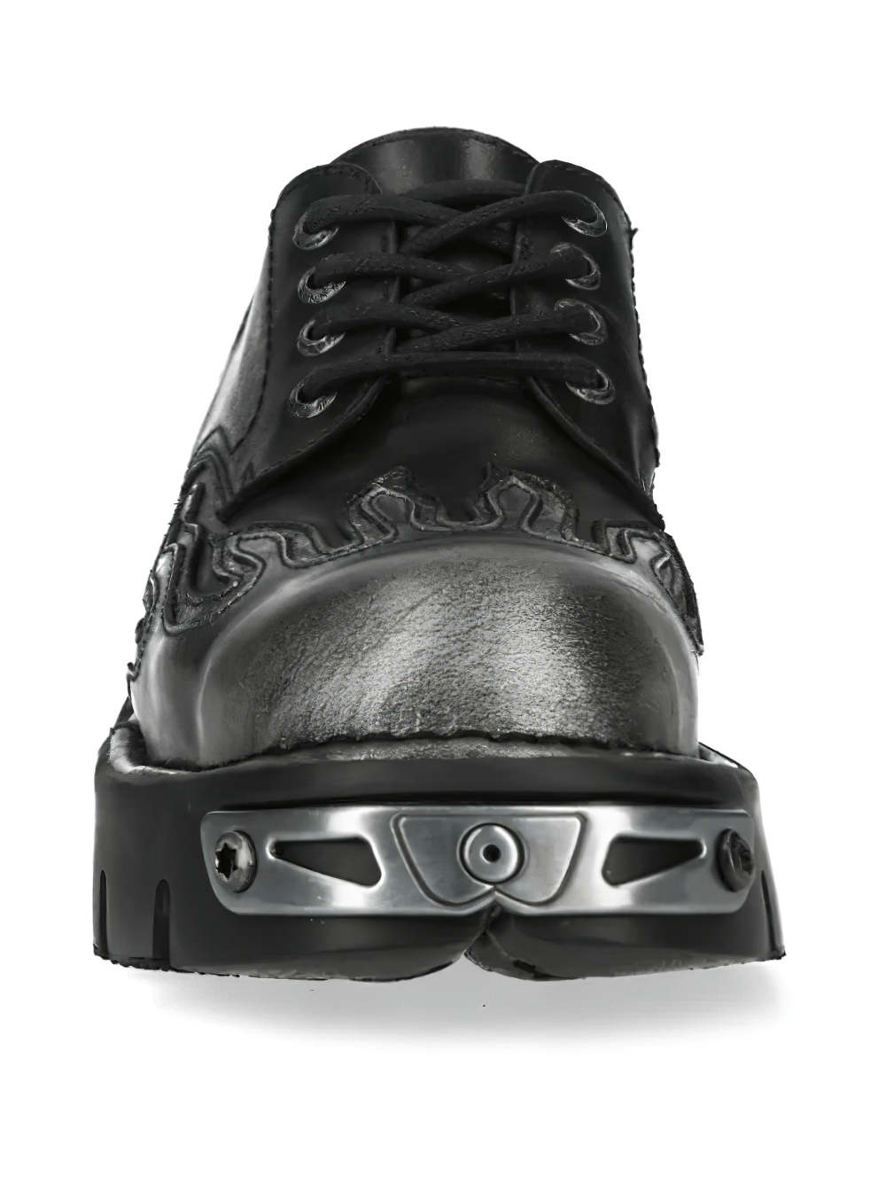 NEW ROCK Men's Black Gothic Punk Shoes with Flame Lug Sole, featuring gunmetal flame panels and rugged lug sole design.