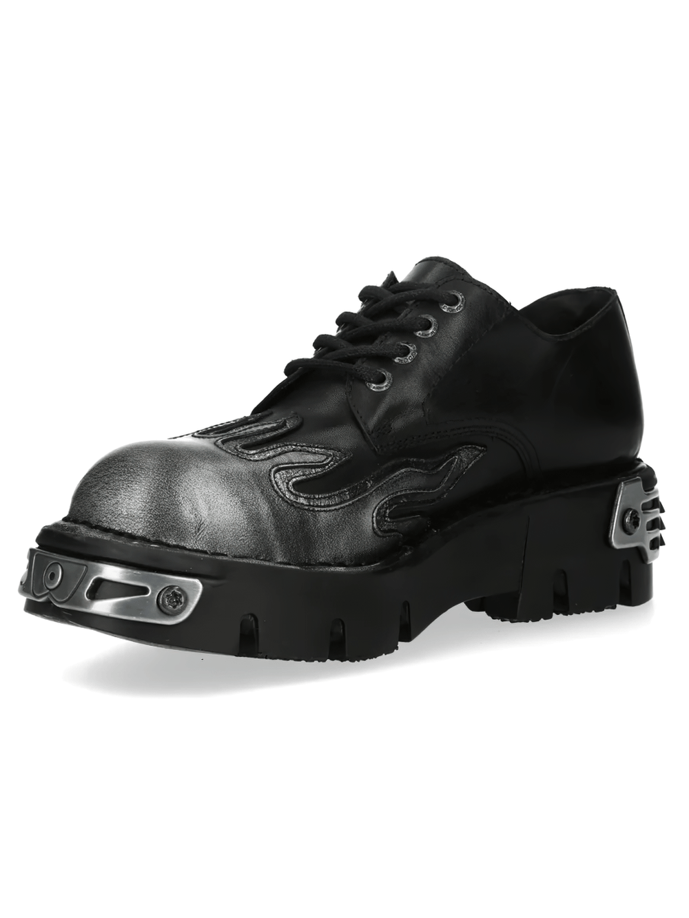 NEW ROCK Men's Black Gothic Punk Shoes with Flame Lug Sole featuring flame panels and rugged lug sole.