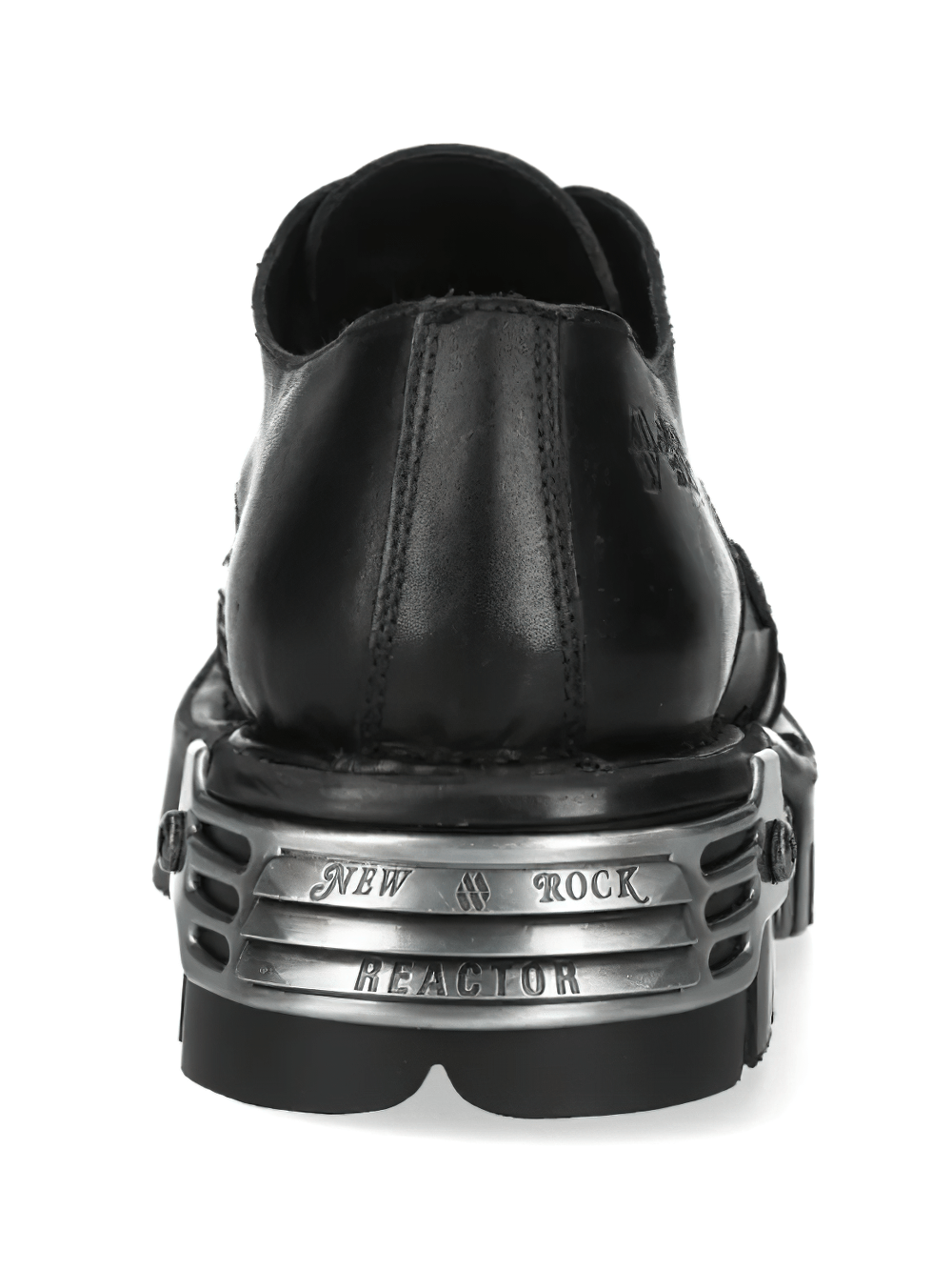 NEW ROCK Men's Black Gothic Punk Shoes with Flame Lug Sole - back view showing industrial plate detail.