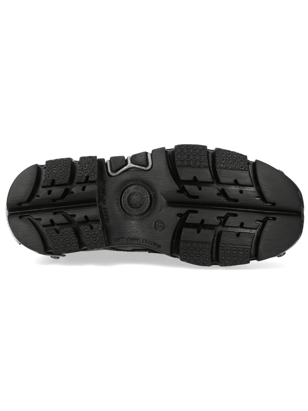 Bottom view of NEW ROCK Men's Black Gothic Punk Shoes with Flame Lug Sole showcasing rugged lug sole and industrial tread design.