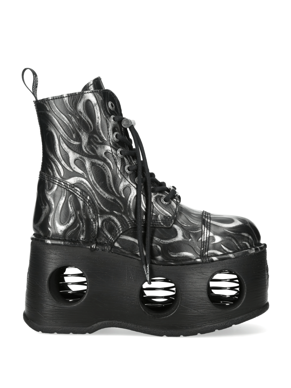 NEW ROCK Men's Black Platform Boots with Silver Flame Trim side view showcasing bold design and unique platform.