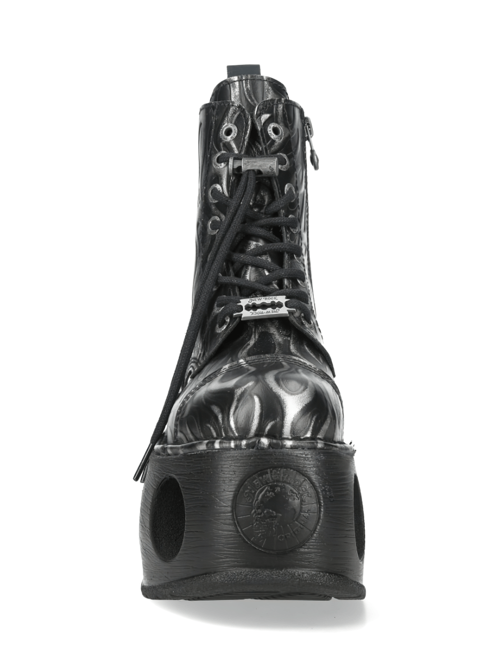 NEW ROCK Men's Black Platform Boots with Silver Flame Trim front view showcasing lace-up and sleek design.