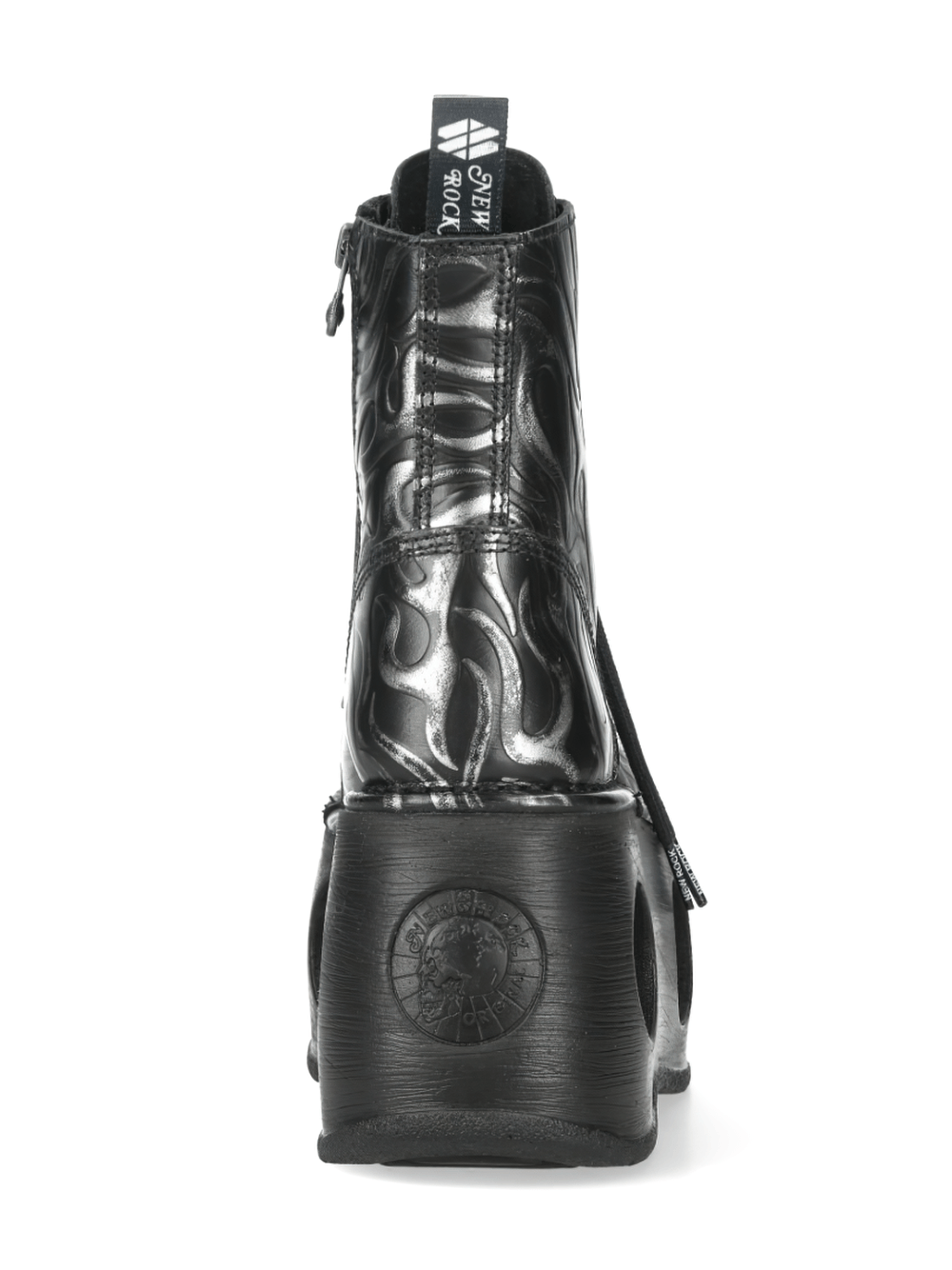 NEW ROCK Men's Black Platform Boots with Silver Flame Trim from the back, showcasing the unique design and sculpted heel.