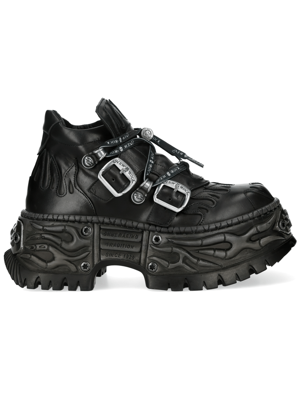 NEW ROCK Men's Black Platform Shoes with Buckled Strap Details showcasing flame tread detail and metallic hardware.