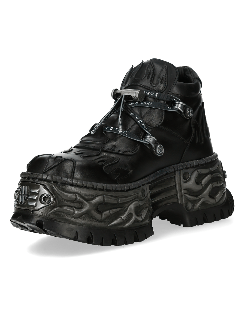 NEW ROCK Men's Black Platform Shoes with Buckled Strap Details featuring flame tread detail and metallic accents.