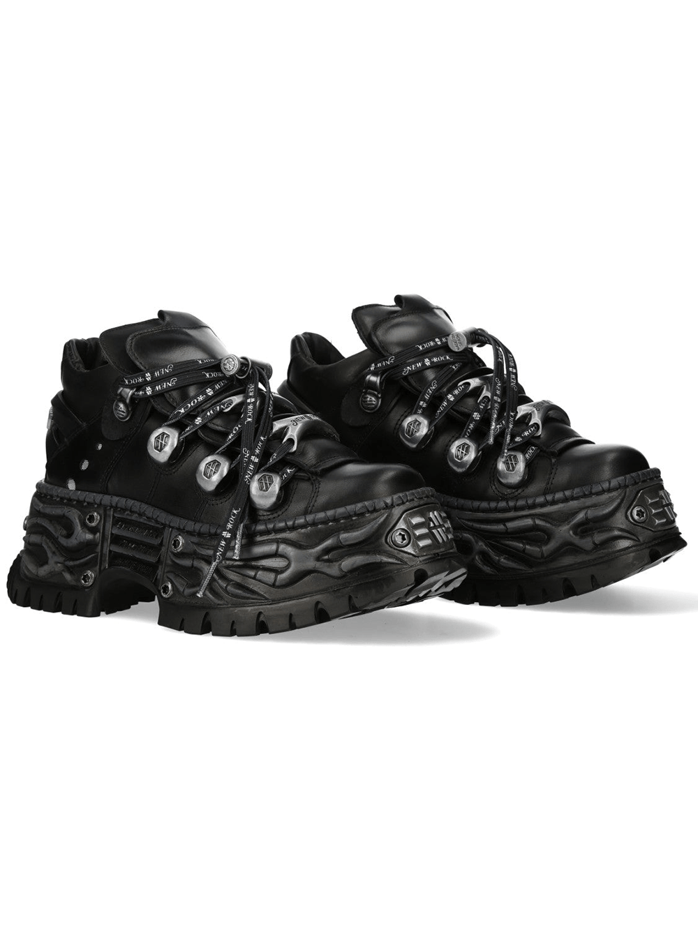 NEW ROCK Men's Black Platform Shoes with Metal Lace Details featuring chunky sculpted sole and oversized lace hardware.