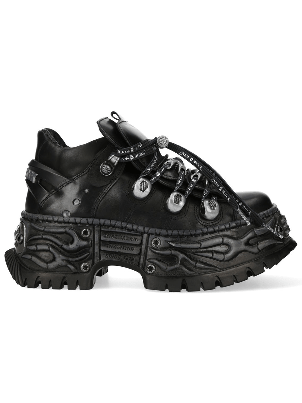 NEW ROCK Men's Black Platform Shoes with Metal Lace Details featuring chunky sculpted sole and metal hardware.