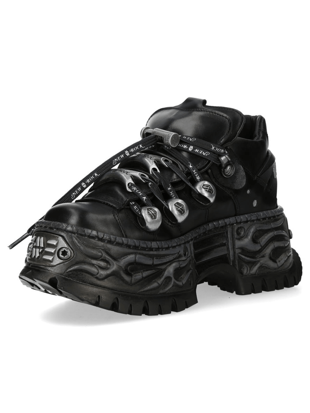 NEW ROCK Men's Black Platform Shoes with Metal Lace Details featuring chunky sculpted sole and oversized lace details.