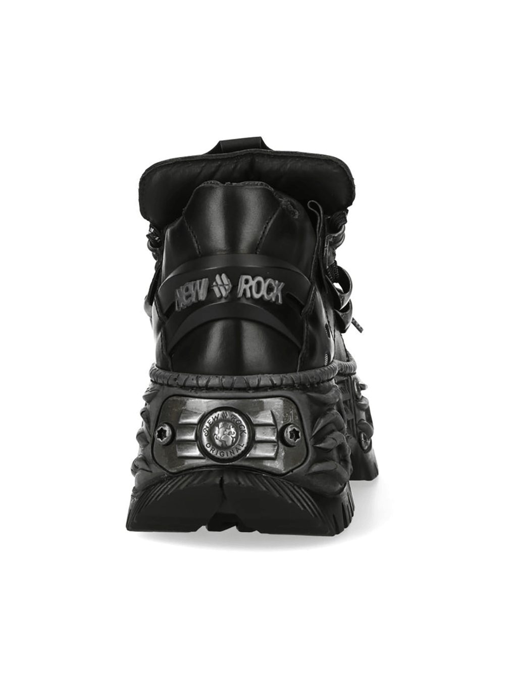 NEW ROCK Men's Black Platform Shoes with Metal Lace Details showing the back view with unique design and chunky sole.
