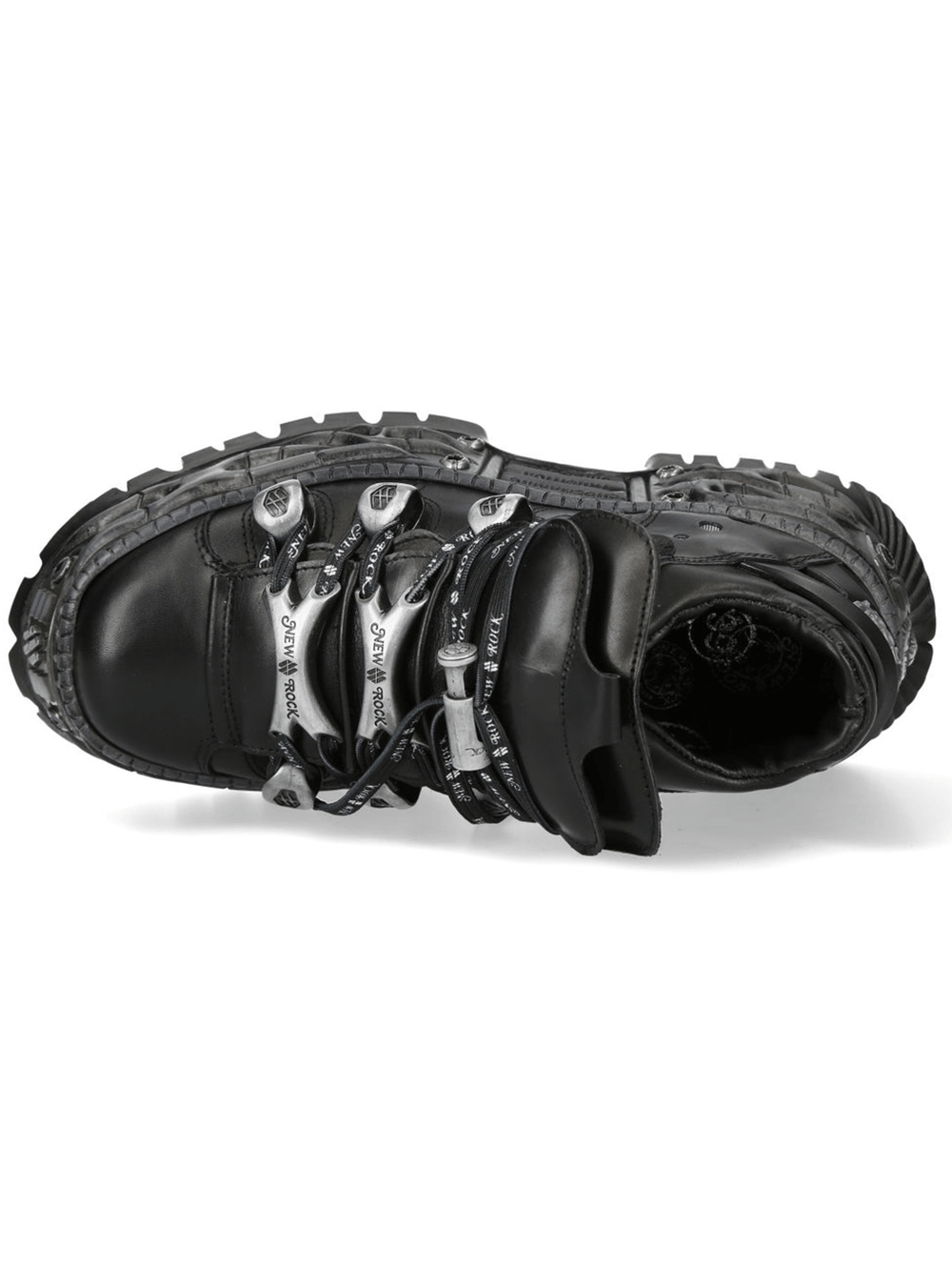 NEW ROCK Men's Black Platform Shoes with Metal Lace Details from above showing chunky sculpted sole and oversized laces.