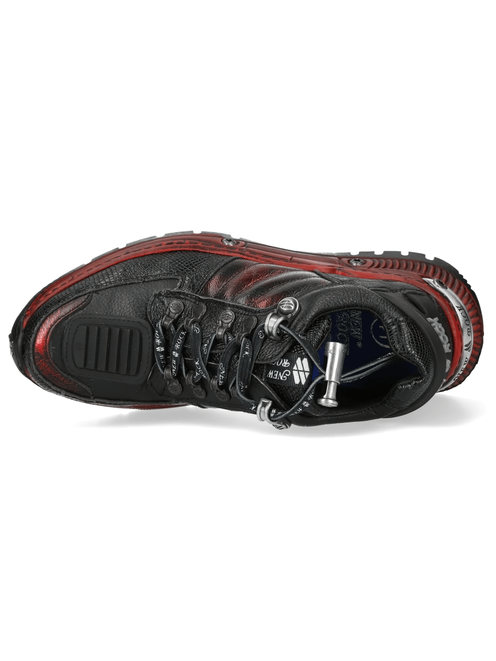 NEW ROCK Men's Black Red Rock Sneakers with Industrial Sole top view showcasing gothic design and sleek lines.