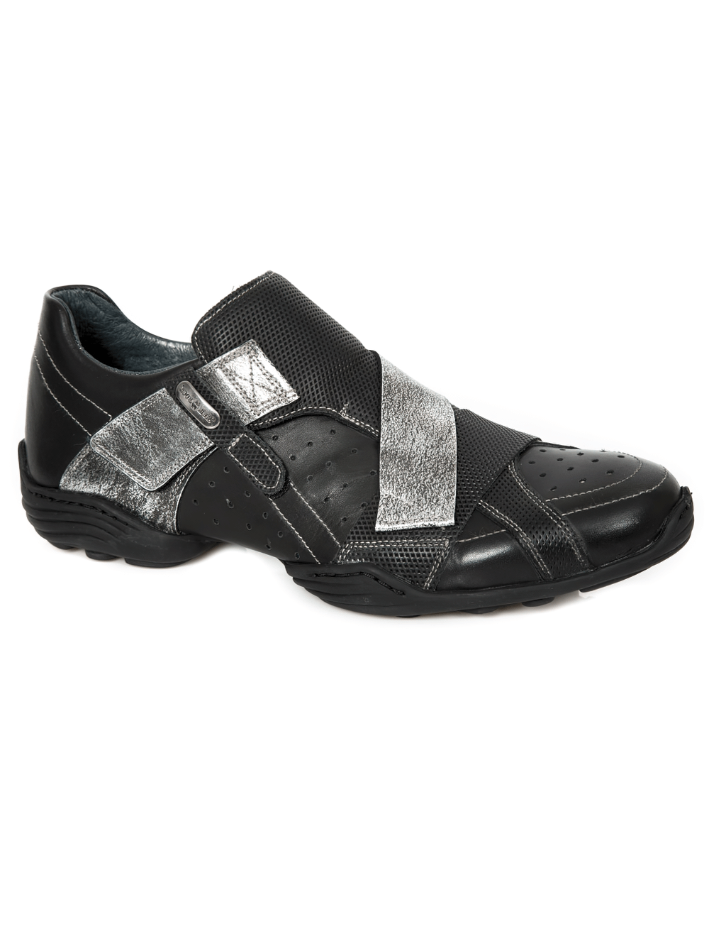 Black leather rock shoes with silver velcro strap, stylish and durable footwear for modern gentlemen.
