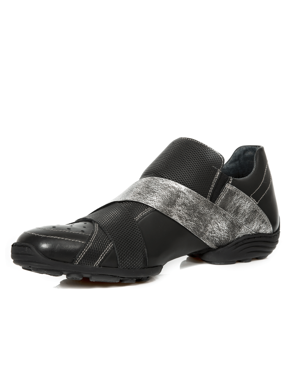Men's black leather rock shoes with silver velcro strap for stylish comfort and durability.