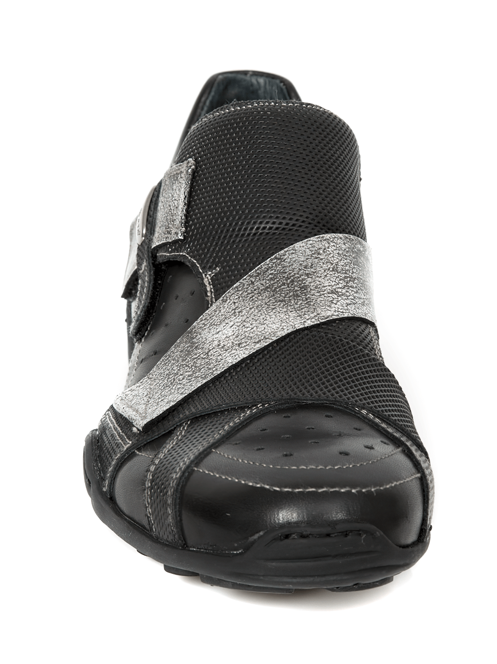 NEW ROCK Men's black rock shoes with silver velcro strap, featuring genuine leather and a stylish design for comfort.