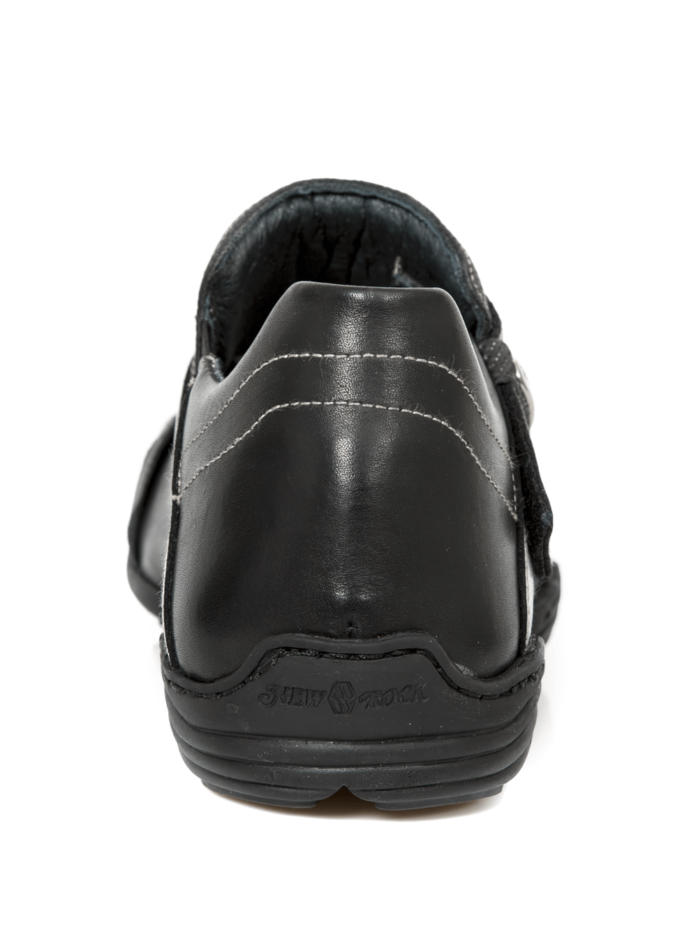 Back view of NEW ROCK Men's Black Rock Shoes showcasing sleek leather finish and silver Velcro strap.