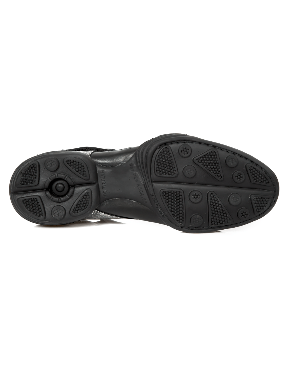 Bottom view of NEW ROCK men's black rock shoes showcasing durable rubber sole and traction design.