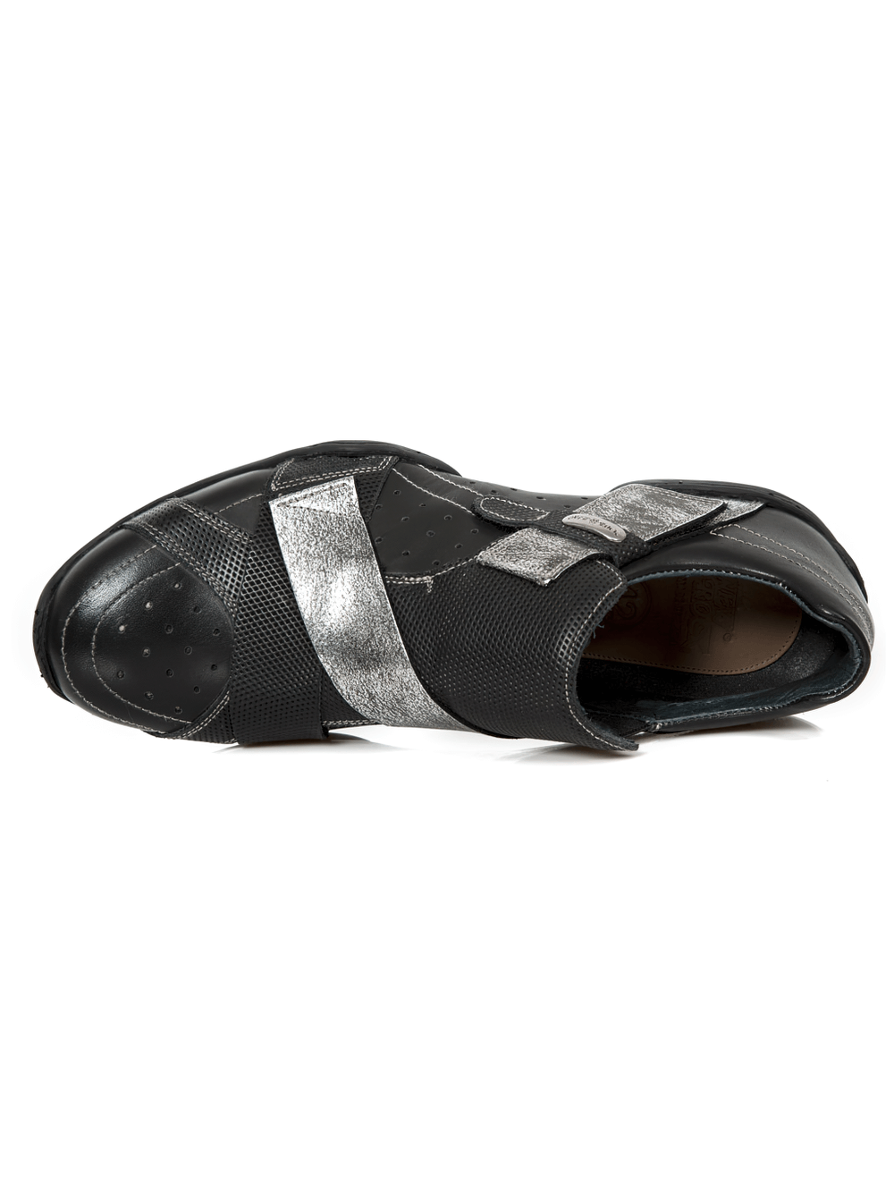 Top view of NEW ROCK men's black rock shoes with silver velcro strap, showcasing stylish design and durable leather.