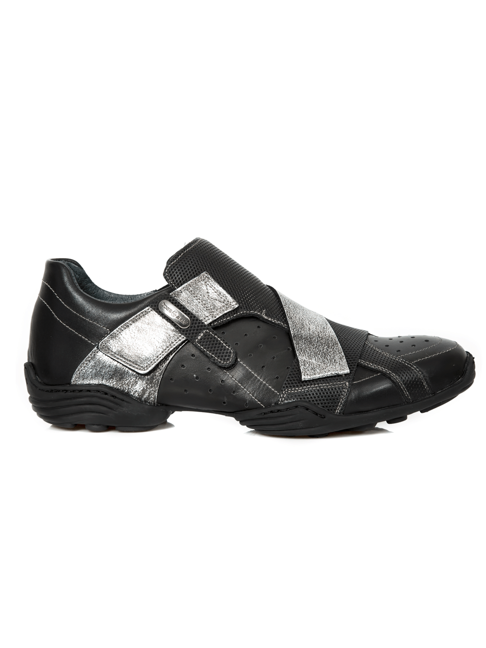 Black leather rock shoes for men with silver velcro strap, stylish and durable footwear from ABS COLLECTION.