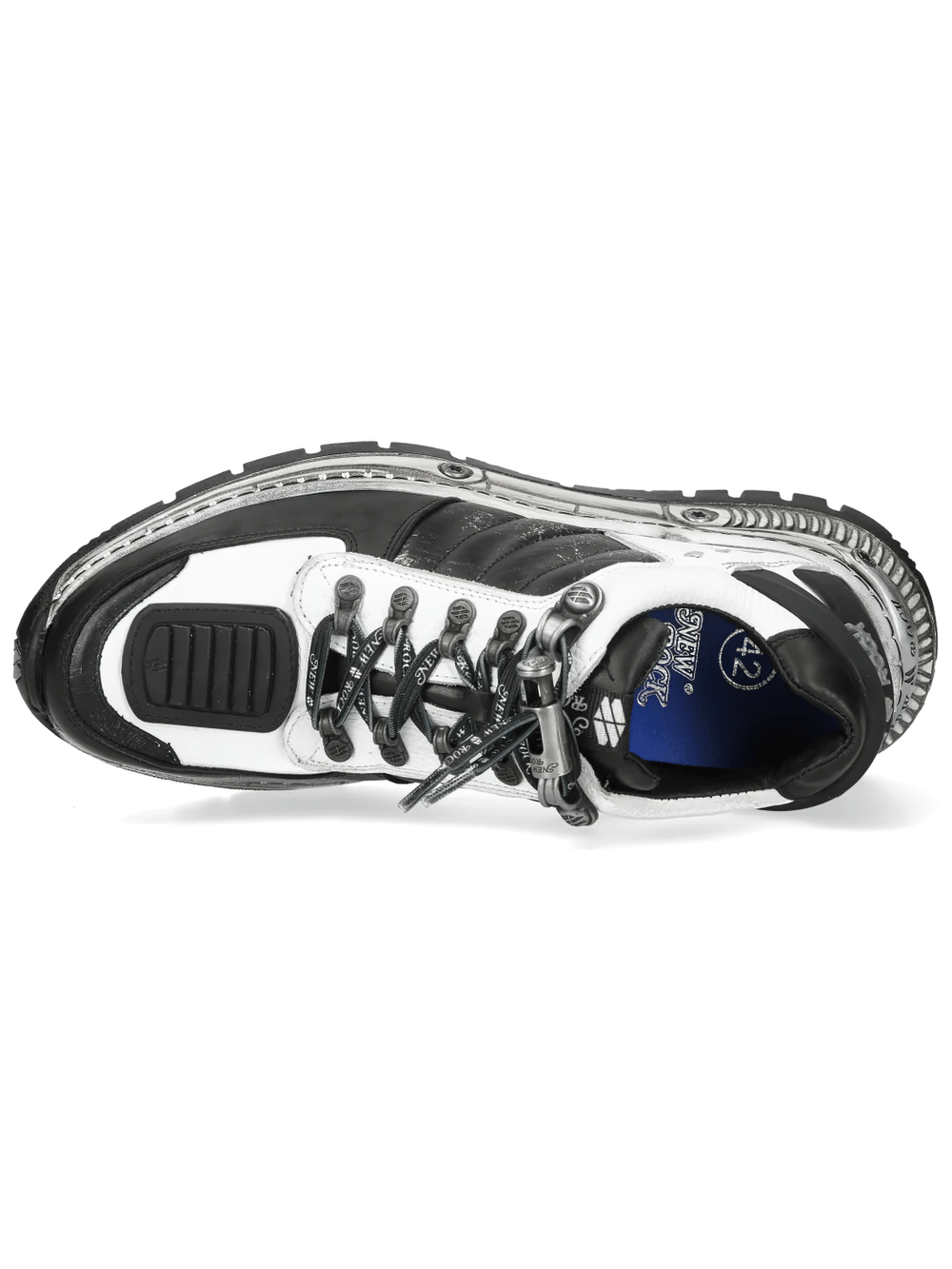 NEW ROCK Men's Black White Rock Sneakers with Metal Details showcasing metal eyelets and rugged tread.