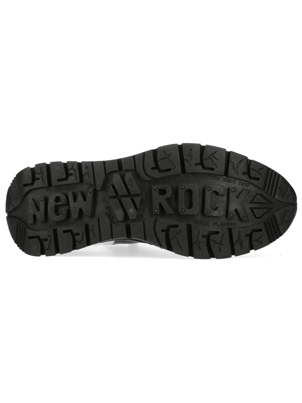 NEW ROCK Men's Black White Rock Sneakers with Metal Details outsole view showcasing rugged tread design and industrial details.