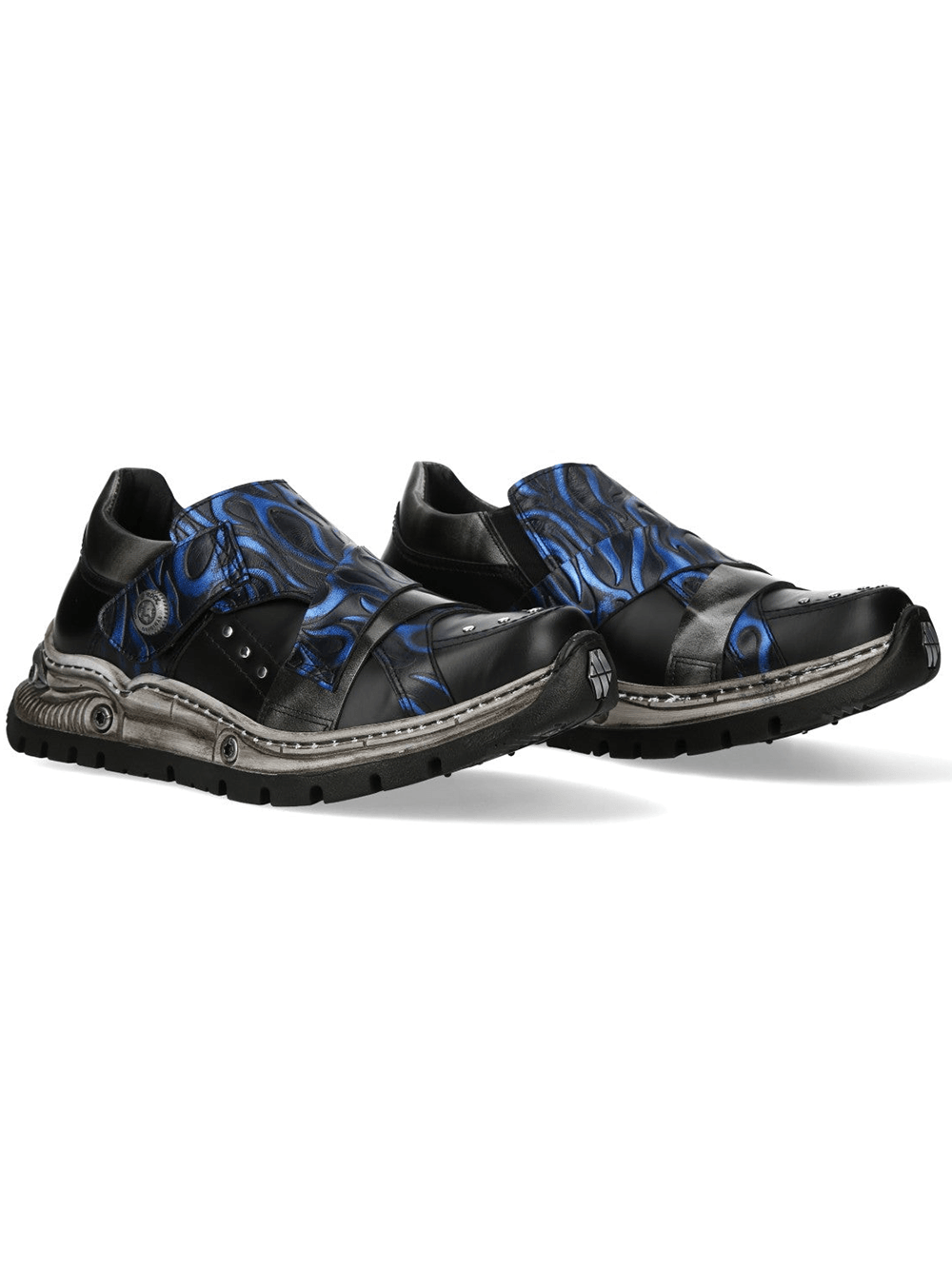 NEW ROCK Men's Blue Flame Rock Shoes with Stud Trim featuring black leather and electric blue flame graphics.