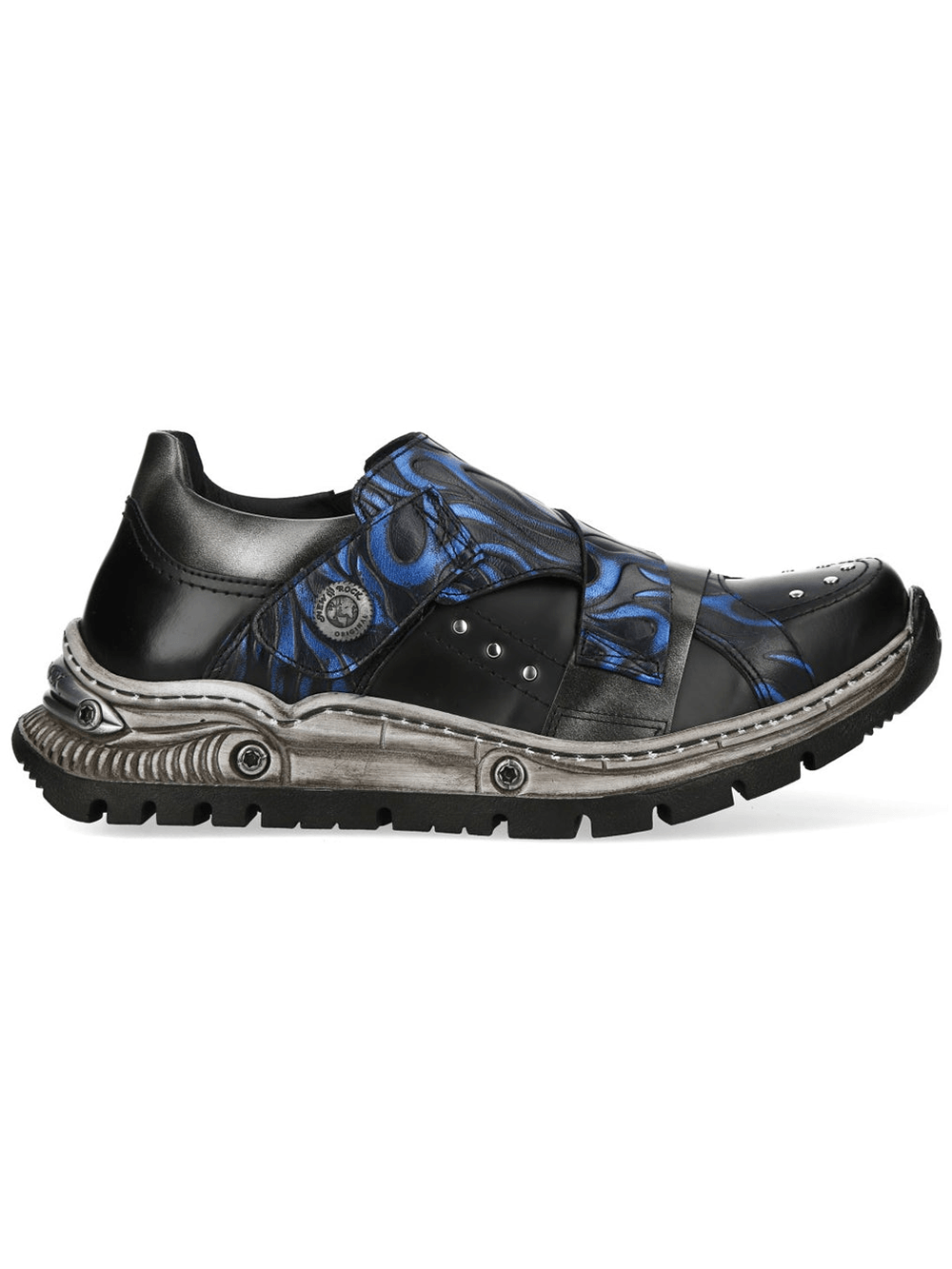 NEW ROCK Men's Blue Flame Rock Shoes with Stud Trim featuring blue flame graphics and Velcro straps.